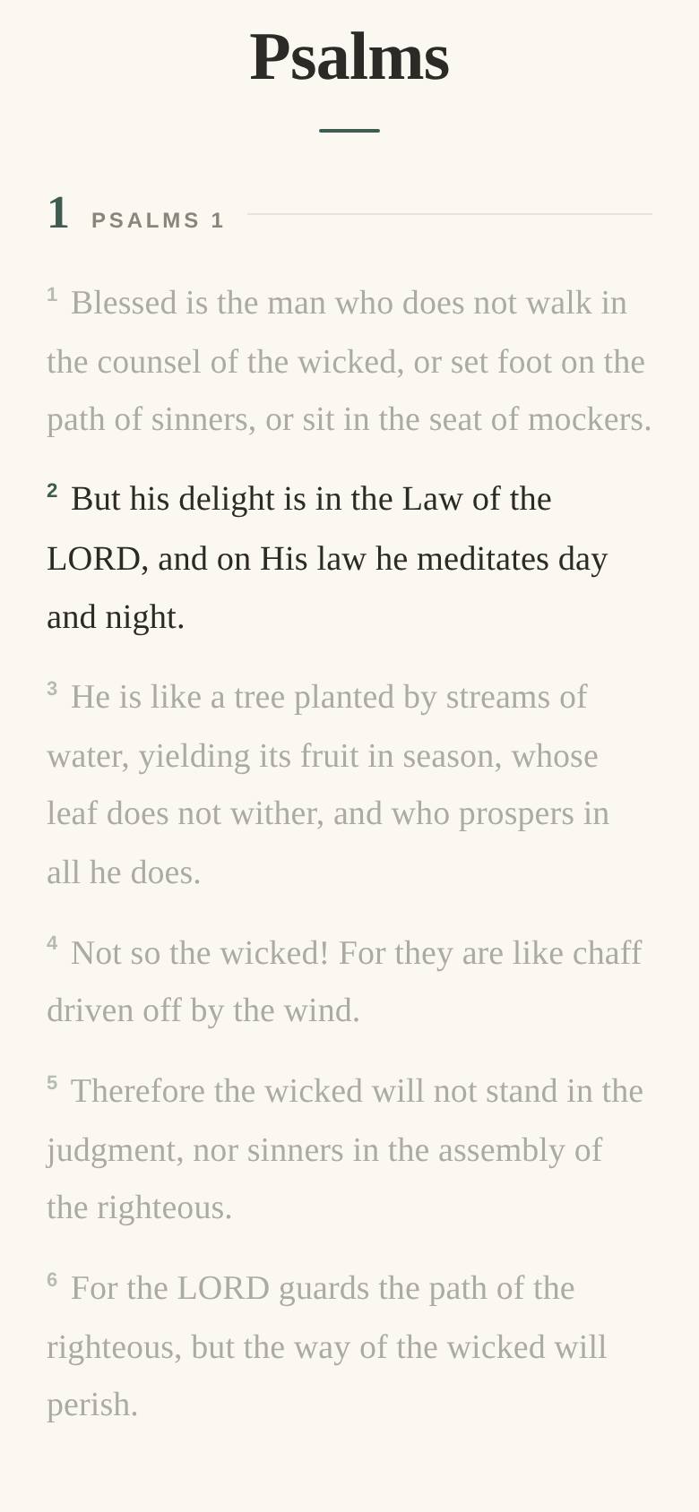 Focus mode on Psalm 1: the spotlight resting on verse 2, on His law he meditates day and night, with the rest of the psalm gently dimmed.